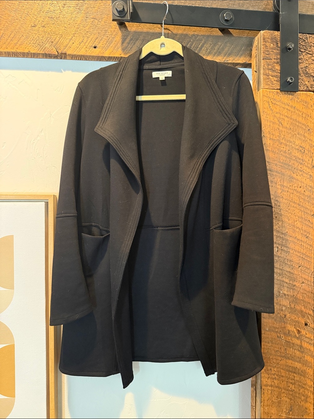 Max Studio Black Open-Front Draped Jacket with pockets